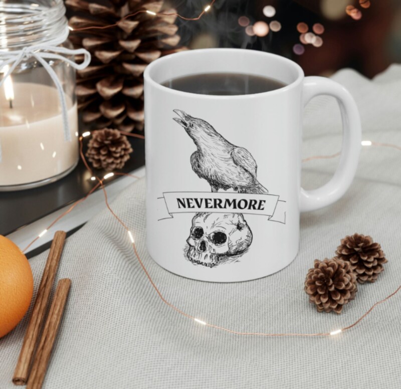 Nevermore Raven on Skull 11oz White Ceramic Mug